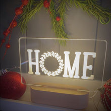 Load image into Gallery viewer, The-word-home-Christmas-themed-etched-acrylic-night-light-with timber-base
