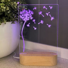 Load image into Gallery viewer, Dandelion-blowing-in-the-wind-etched-acrylic-night-light-purple
