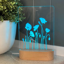 Load image into Gallery viewer, Poppys-in-a-line-etched-acrylic-night-light-blue
